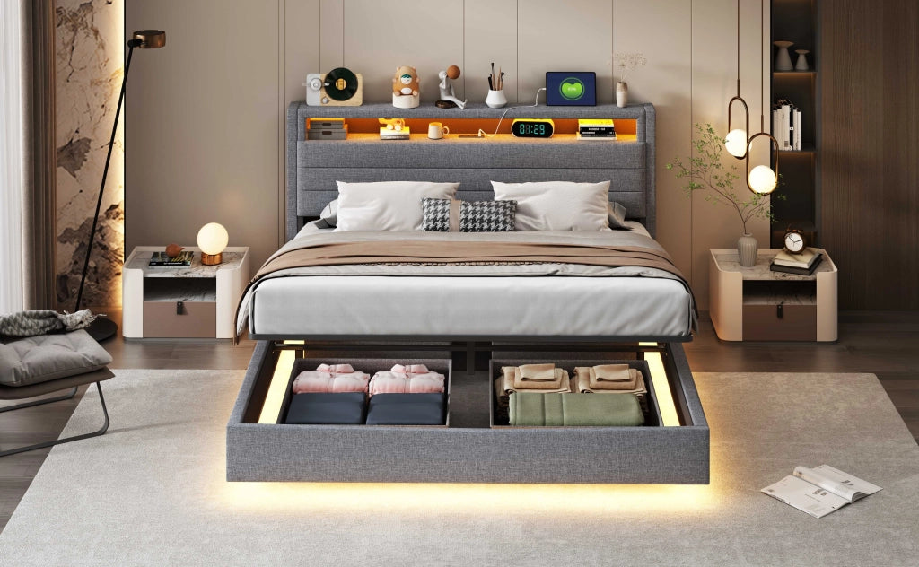 Letto contenitore grigio 160x200 cm in lino; effetto sospeso; LED; USB e testiera ribaltabile; senza materasso