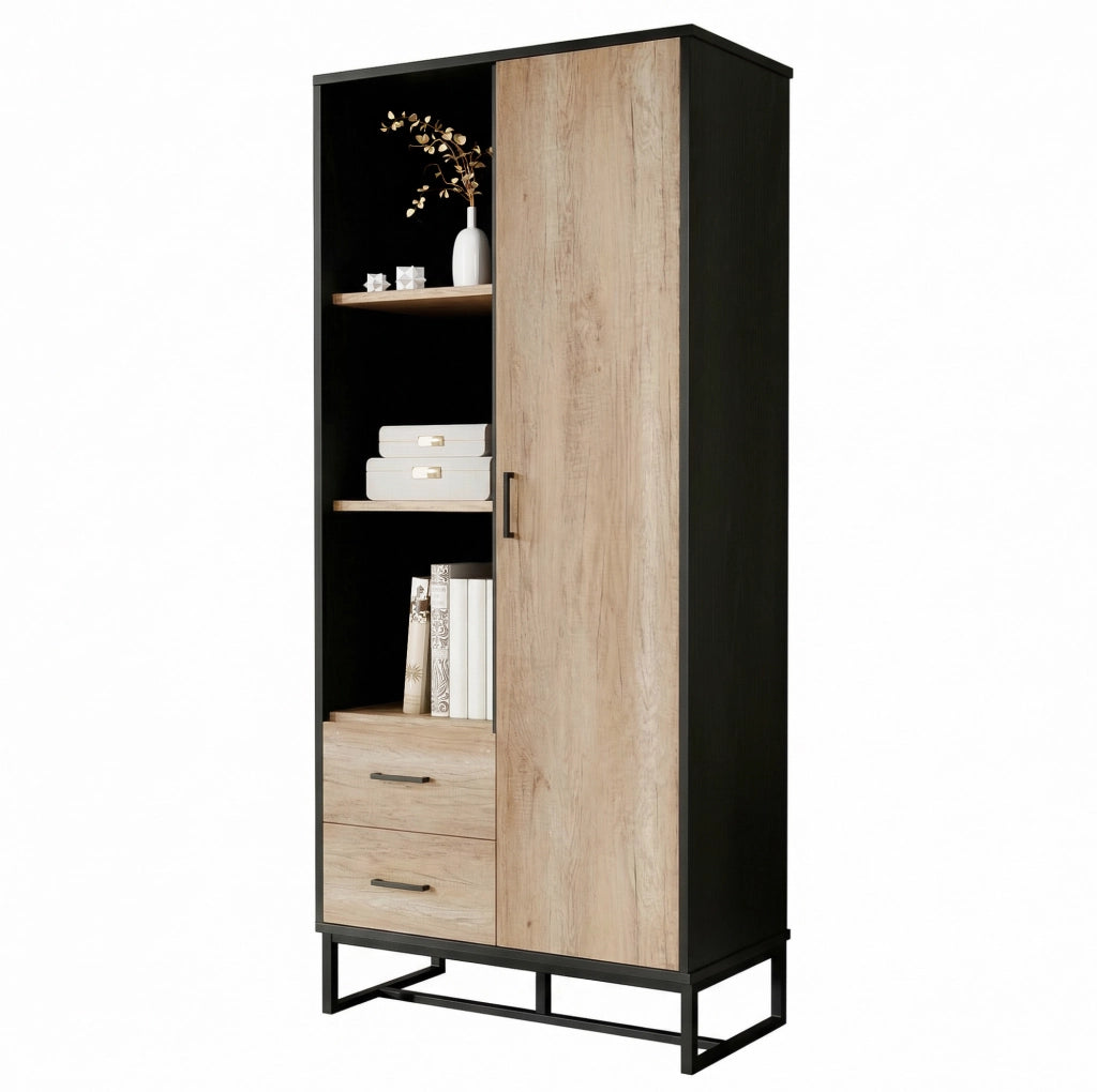 Credenza alta 80x40x180 cm con anta, cassetti e vani aperti