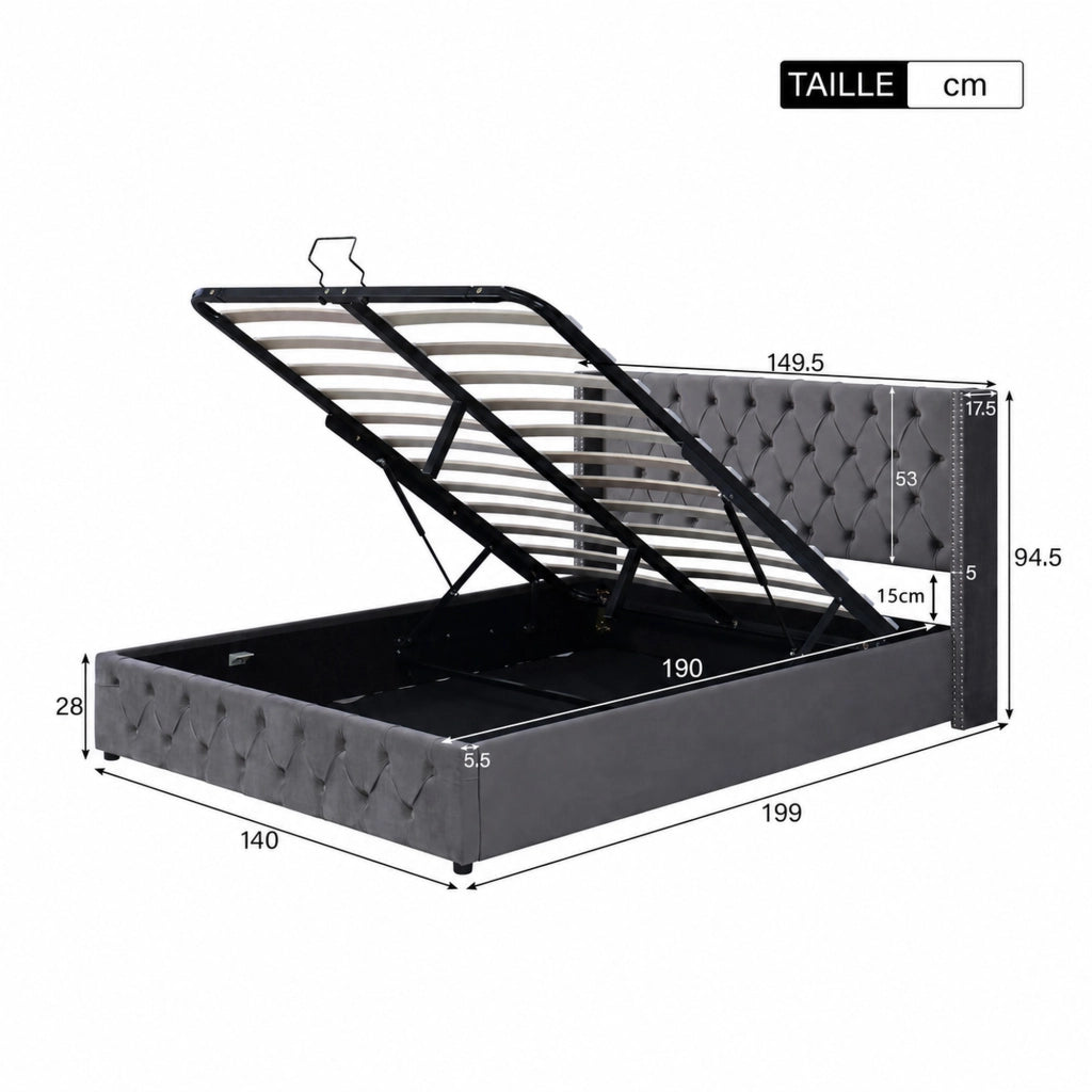 Letto matrimoniale contenitore 140 ¡Á 190 cm in velluto grigio con testiera capitonn¨¦ e rete a doghe