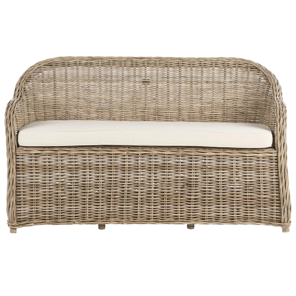 Panca da giardino 150 cm con poggiapiedi in rattan naturale bianco sporco Cuscini per esterni interni Giardino Patio Balcone