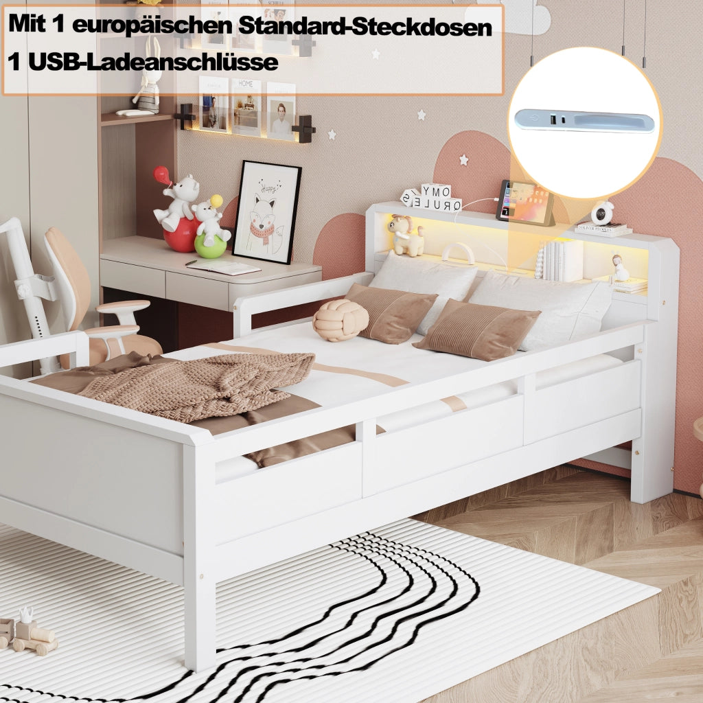 Letto per bambini 90 x 200 cm con contenitori, LED e USB/USB-C, letto singolo in pino bianco con ripiano di testiera e sponde di sicurezza