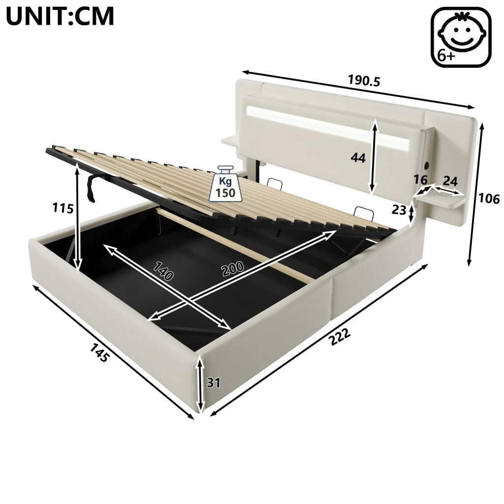Letto con contenitore 140 × 200 cm imbottito con rivestimento in lino LED multicolore comodino integrato USB beige