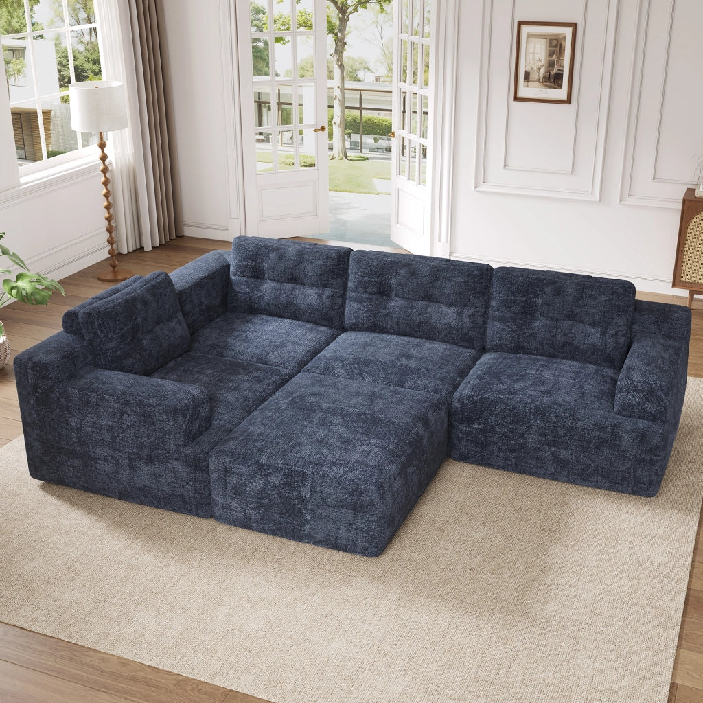 Divano modulare 5 posti con pouf e schienale alto in chenille blu 252 × 180 × 82 cm
