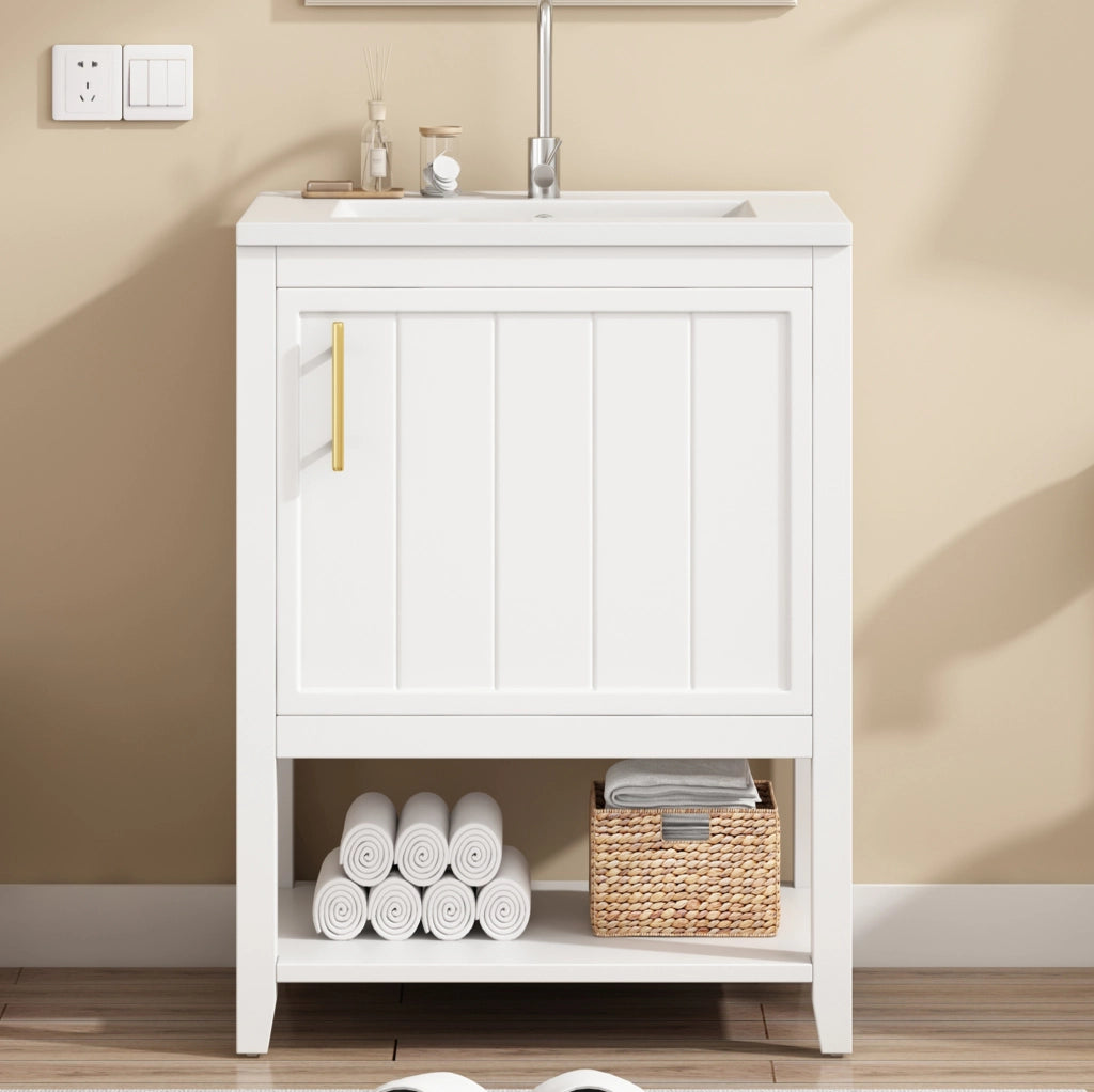 Mobile bagno con lavabo in ceramica da 60 cm, bianco, con ripiani