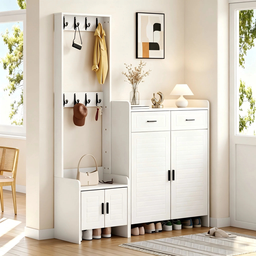 Mobile ingresso bianco 125 x 36 x 165 cm con 2 cassetti, 2 ante, 6 ripiani e 8 ganci