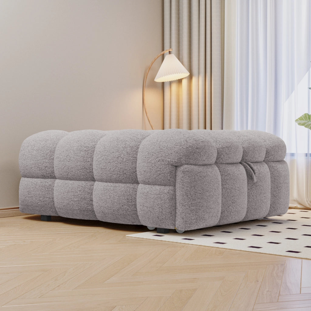 Letto imbottito con poggiapiedi 2 in 1, divano letto estraibile, letto singolo Puffy, bouclé - Grigio