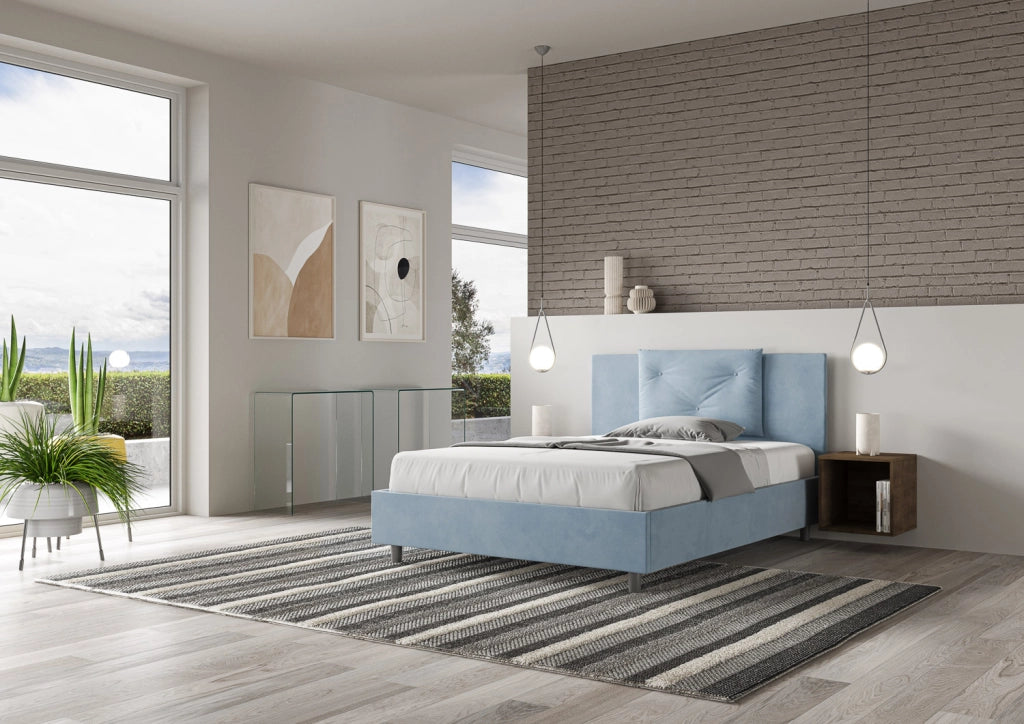 BS COM Letto matrimoniale francese con rete imbottito 140x210 microfibra azzurro