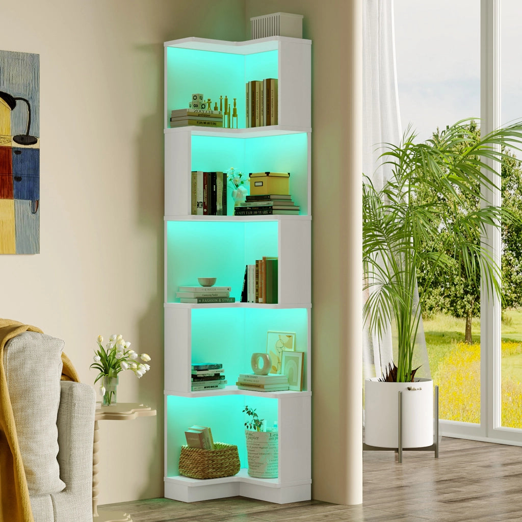 Libreria Angolare Bianca Scaffale a Forma di L con Luci LED e 5 Ripiani