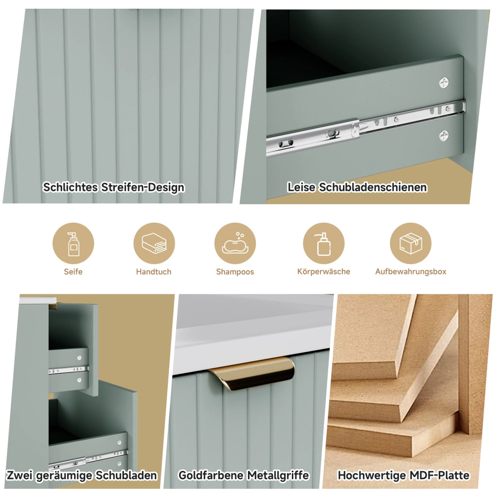 Mobiletto con lavabo sospeso in MDF laccato e ceramica; 2 cassetti ammortizzati verde menta 61 × 46 × 57 cm