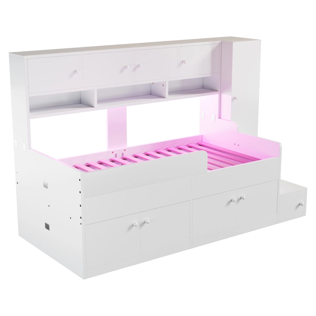 Letto per bambini 90 × 200 cm 1 posto con armadi, cassetti, scala contenitore e LED, senza materasso, bianco