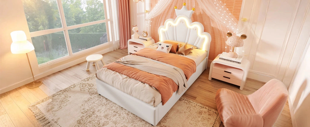 Letto singolo imbottito 90 × 200 cm con contenitore idraulico PU bianco testiera regolabile e LED