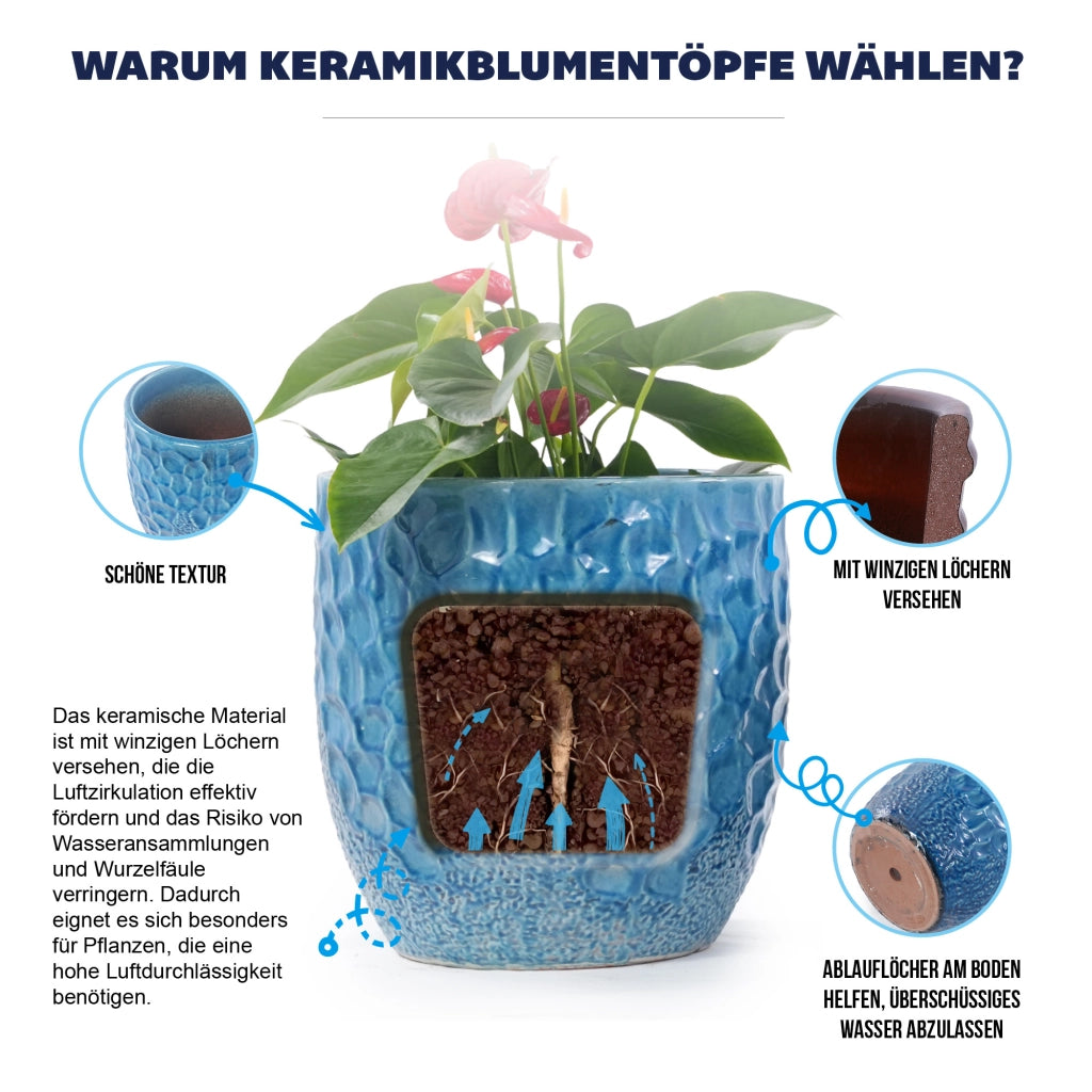 Vaso da fiori set di 4 blu smaltati con rilievo martellato e foro di drenaggio per interno balcone e giardino