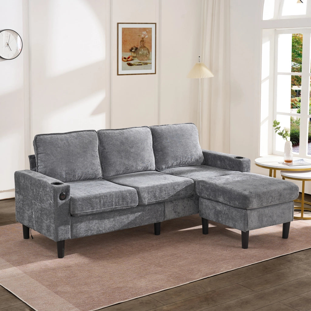 Divano ad angolo modulare 3 sedili 202x137 cm con pouf mobile 2 di USB USB - Portabicchieri C con tasche laterali lino Grigio