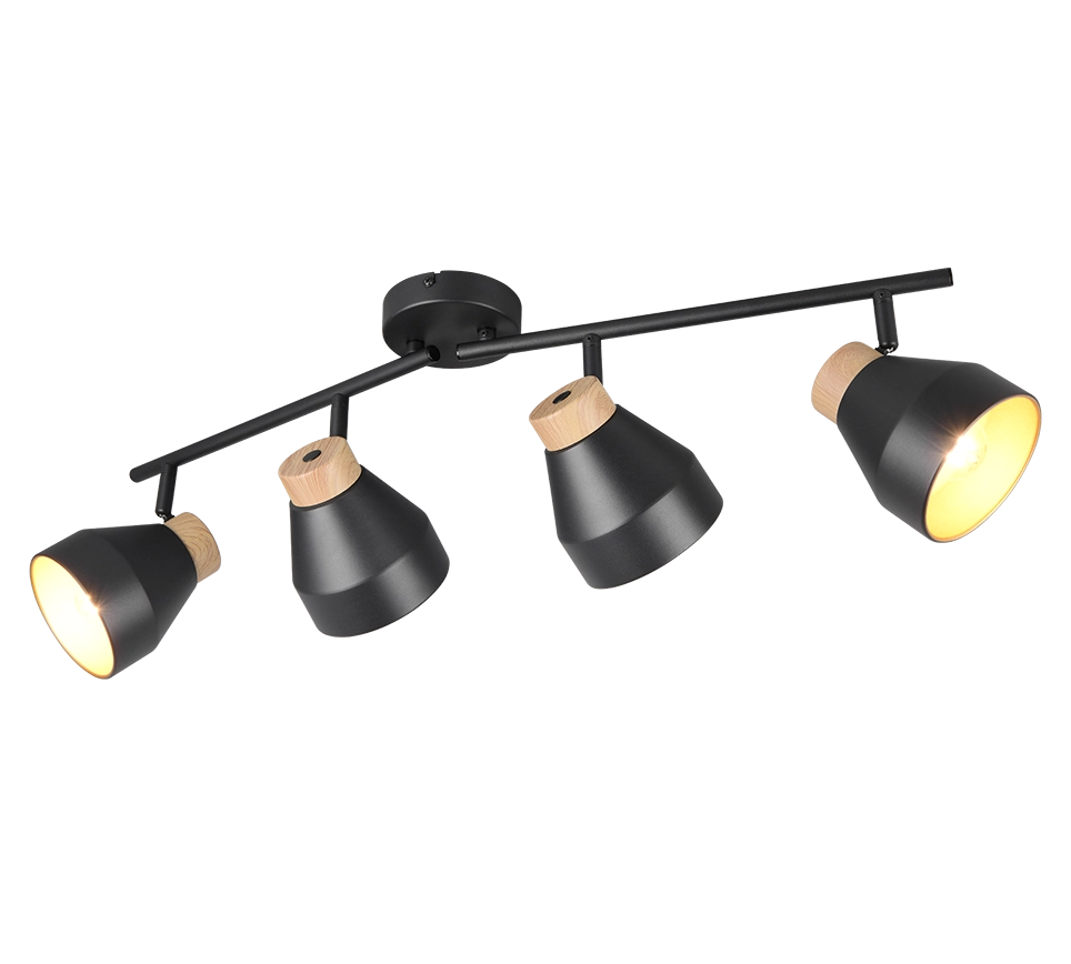Barra 4 spots, metallo e legno, nero e oro, L 72 cm, Valentin