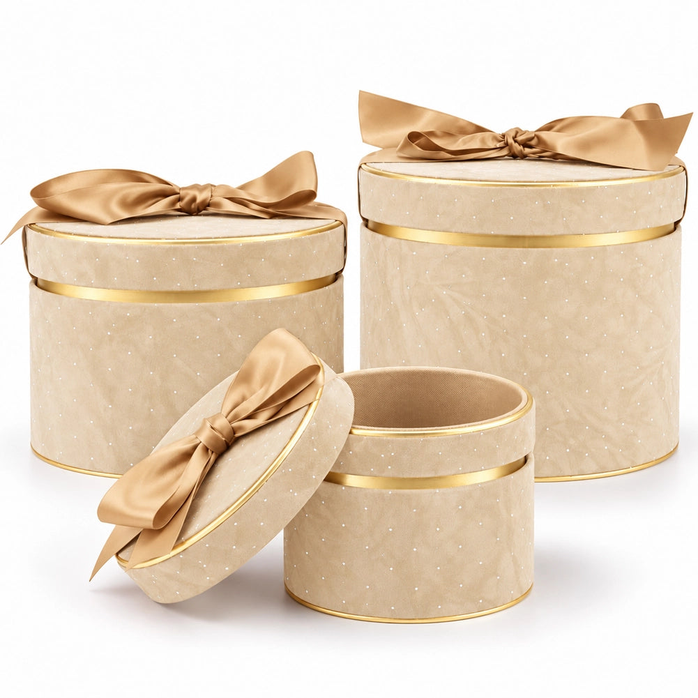 Set 3 Scatole Tonde Decorazione Natalizia Champagne 16/20/25cm Scatola con Fiocco