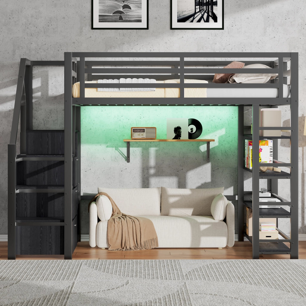 Letto a soppalco 140 × 200 cm con libreria e armadio; scala contenitore e LED in metallo e MDF nero
