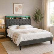 Letto matrimoniale imbottito 140 ¡Á 200 cm con materasso a molle tasca testiera contenitore LED grigio