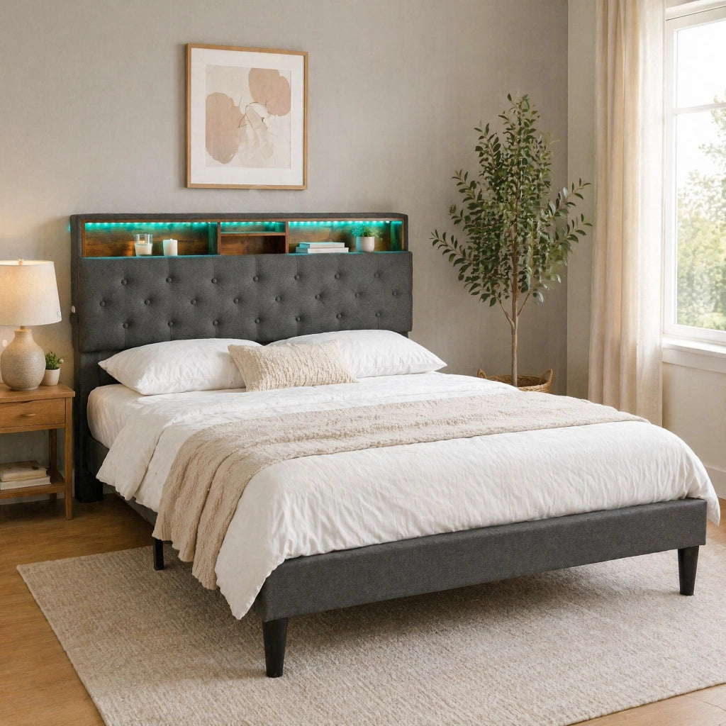 Letto matrimoniale imbottito 140 ¡Á 200 cm con materasso a molle tasca testiera contenitore LED grigio