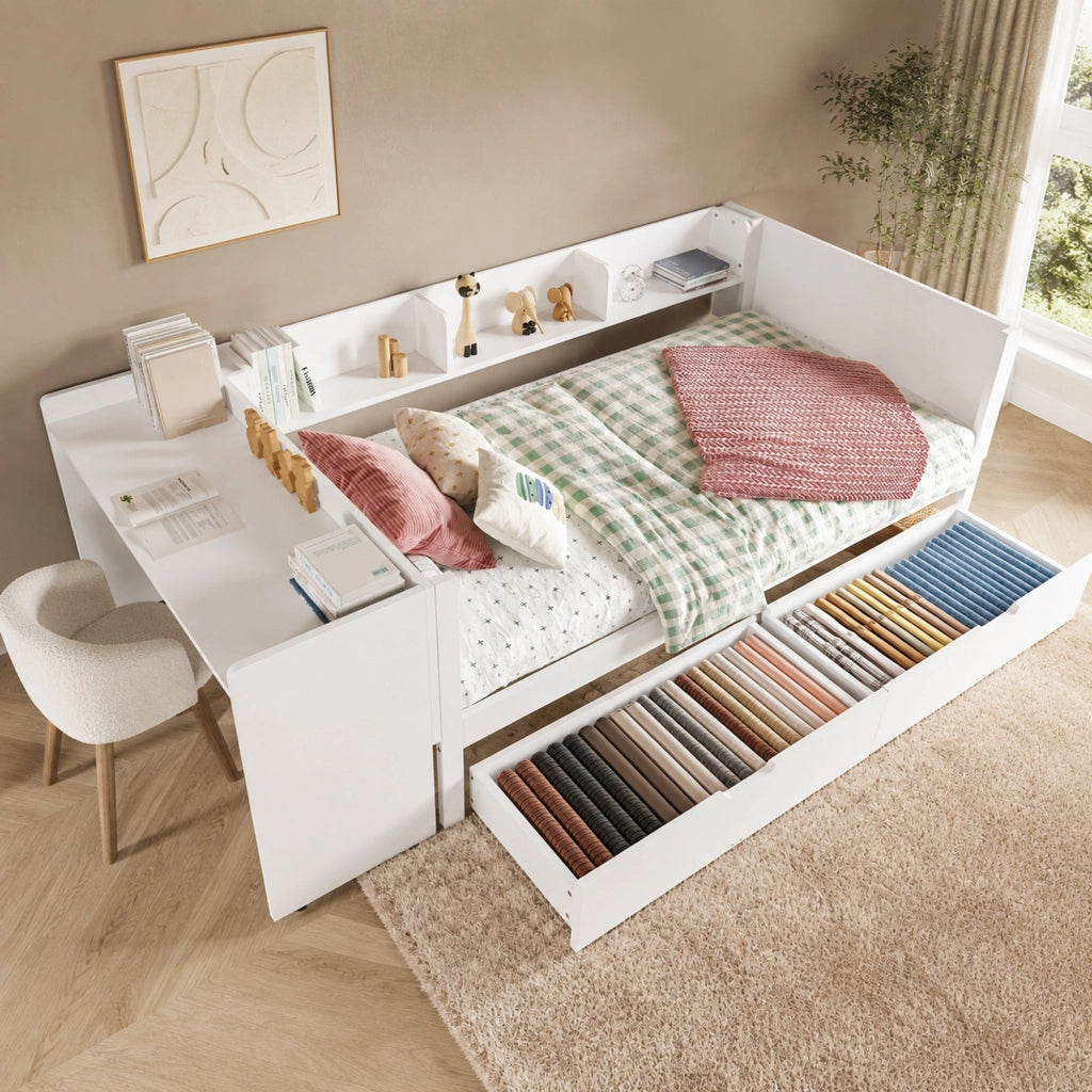 Letto singolo 90x200 cm bianco con scrivania, 2 cassetti e 3 ripiani