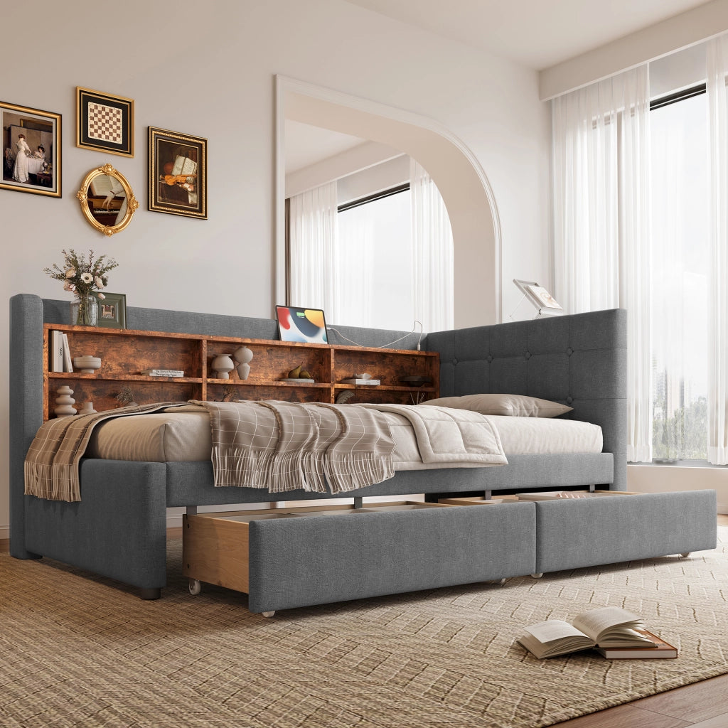 DESMIU Letto singolo 90 × 200 cm con 2 cassetti, USB, Type-C e ripiani, senza materasso, in lino, grigio