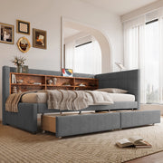 DESMIU Letto singolo 90 × 200 cm con 2 cassetti, USB, Type-C e ripiani, senza materasso, in lino, grigio