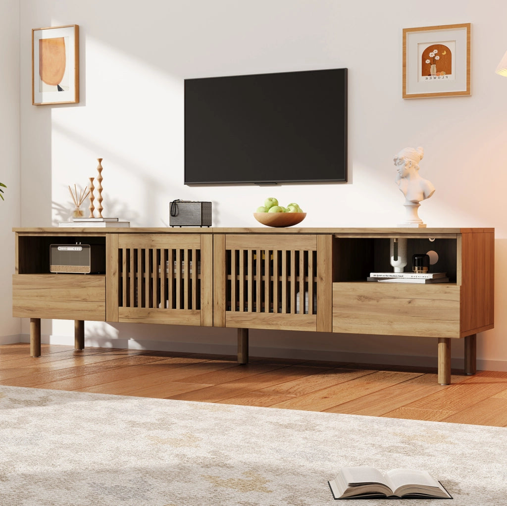 Mobile TV 180x40x51 cm con 2 ante a griglia e 2 cassetti effetto legno naturale HOMVRA