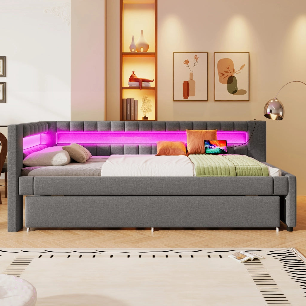 Letto estraibile 2 posti 90 x 200 e 90 x 190 cm con LED via app e USB/USB-C, divano letto in lino grigio con struttura MDF salvaspazio