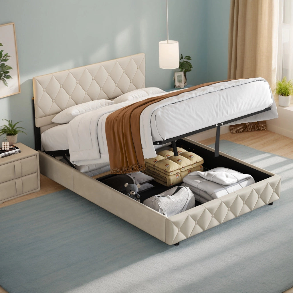 Letto matrimoniale imbottito in velluto beige 160 × 200 cm
