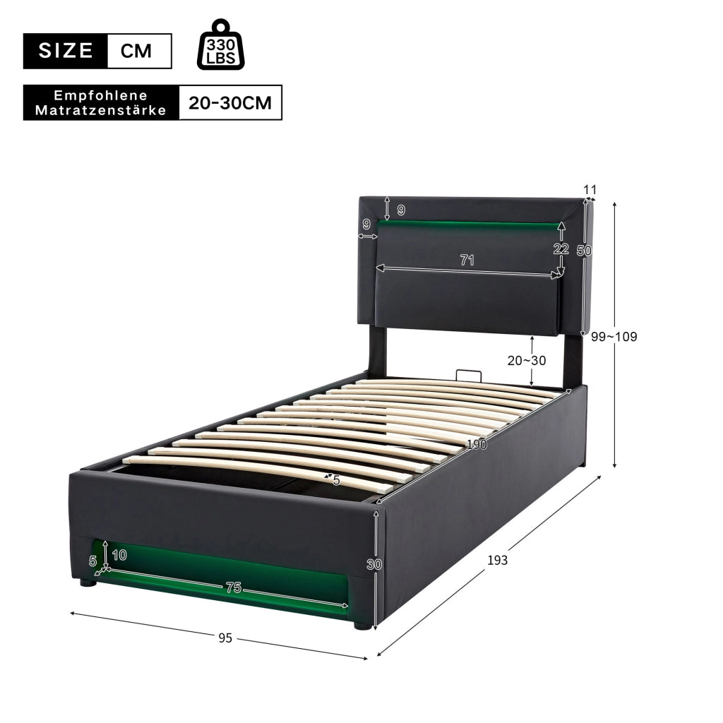 Letto imbottito 90x190 cm con USB, LED, contenitore e rete a doghe, PU, nero
