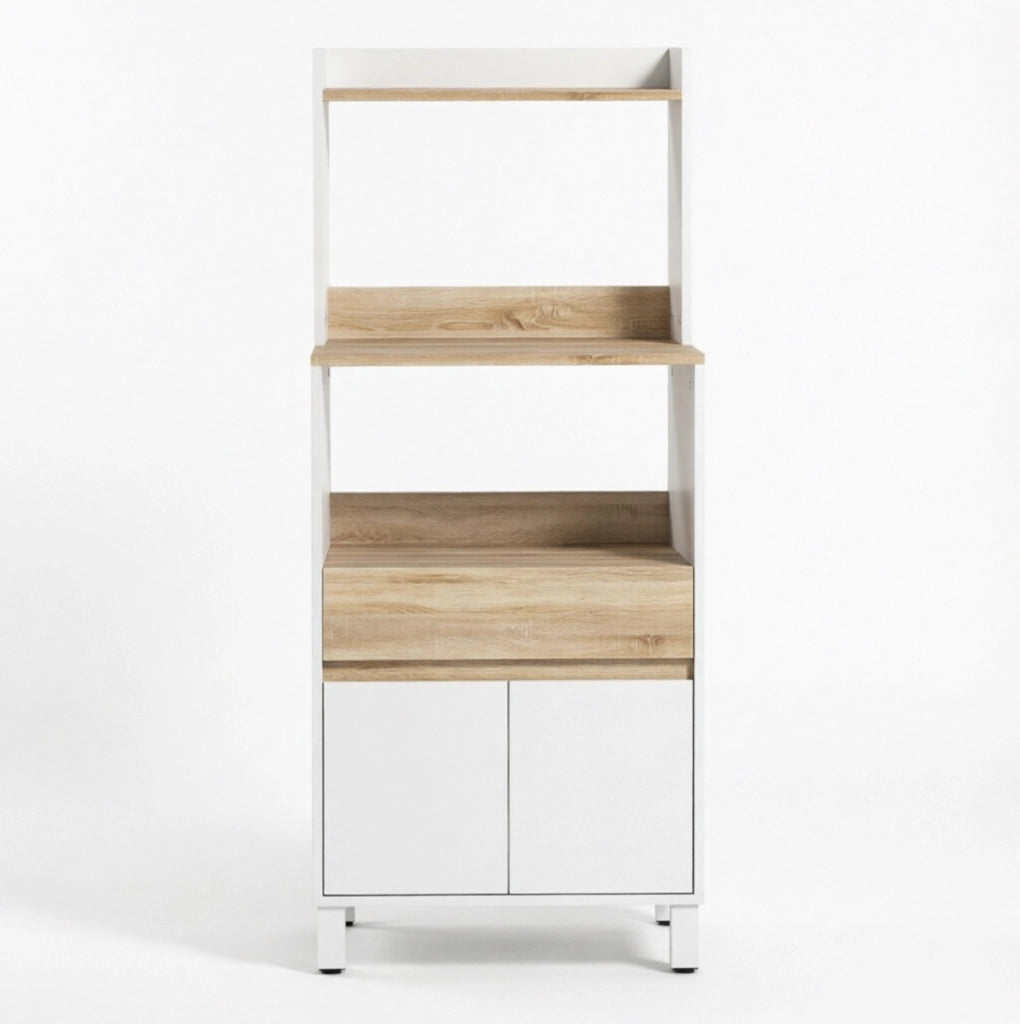 Mobiletto con ripiani e vano microonde in truciolato bianco e rovere, 60x40x131 cm