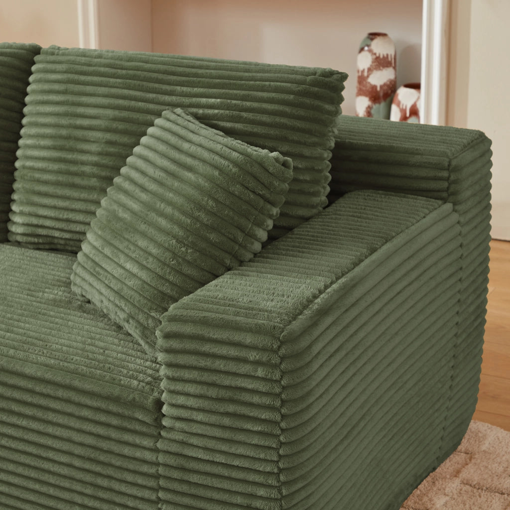 Divano modulare con chaise longue e cuscini rimovibili, in tessuto verde