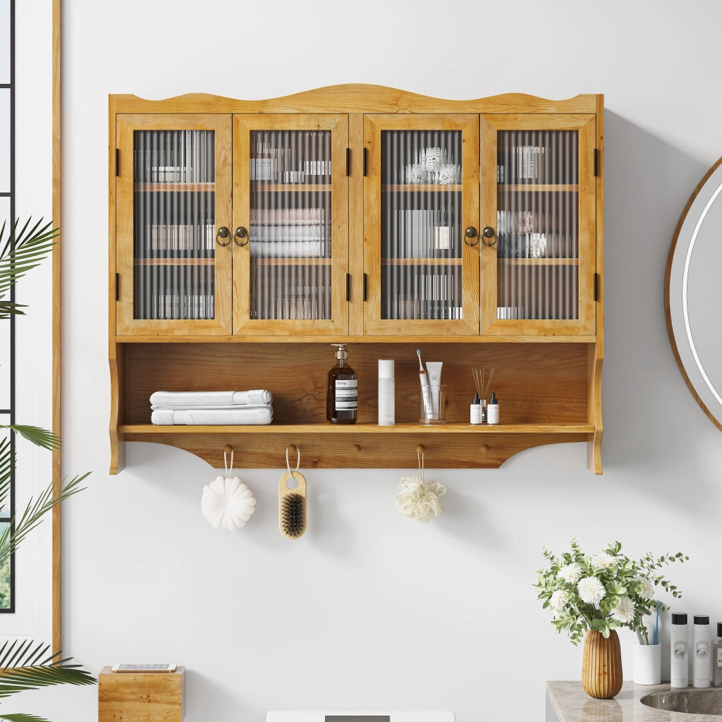 ARMADIO Pensile 100x20x80 cm 4 Ante Legno massello e Vetro Naturale