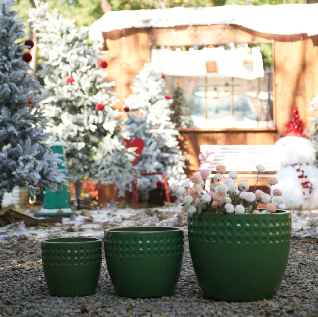 Set di 3 Vasi in Ceramica Artigianali con Foro di Drenaggio Ø 38,1/30,5/22,9 cm, Motivo Verde per Piante da Interno ed Esterno