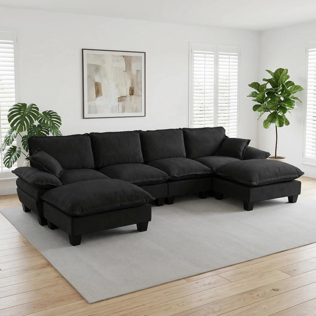 Divano panoramico a U 6 posti in ciniglia nero con ottomana rimovibile struttura in legno 323 × 155 × 90 cm