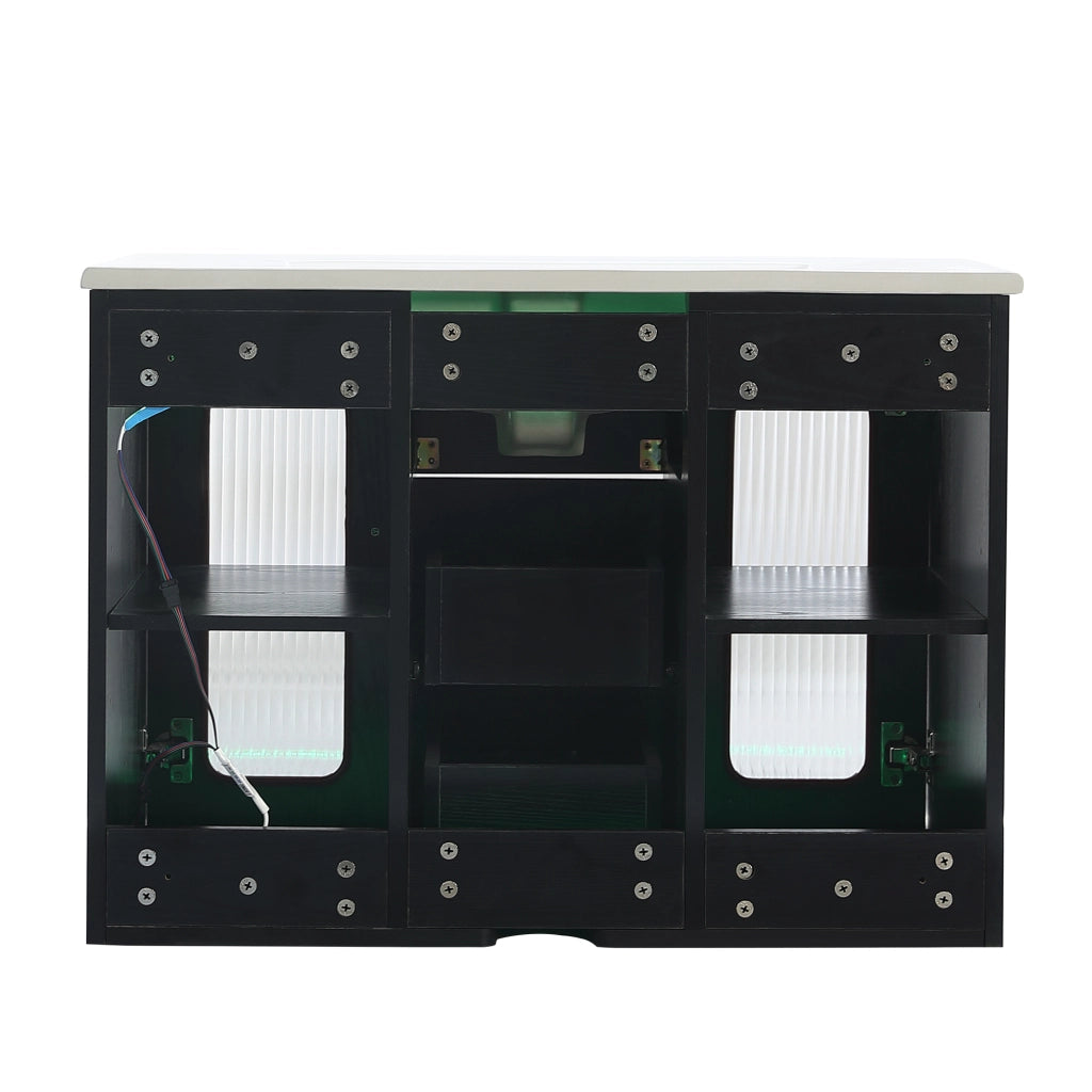 Mobile bagno sospeso 76 cm con lavabo in ceramica, LED e vetro rigato nero