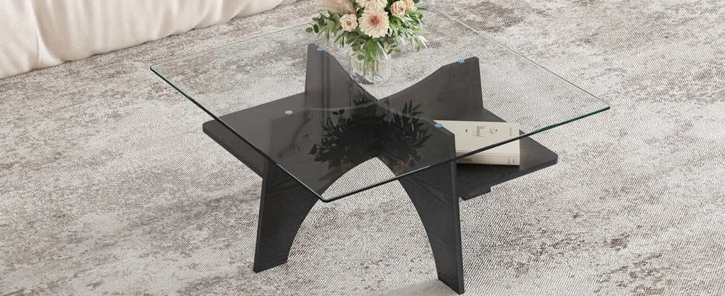 Tavolino quadrato moderno in vetro temperato con struttura in MDF effetto legno nero 80x40 cm