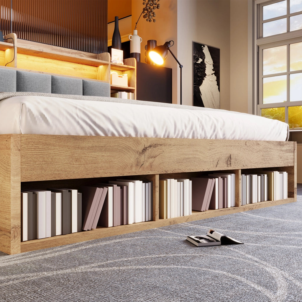 Letto contenitore matrimoniale 160 × 200 cm con LED, USB e Type-C, cassetti, senza materasso, rovere