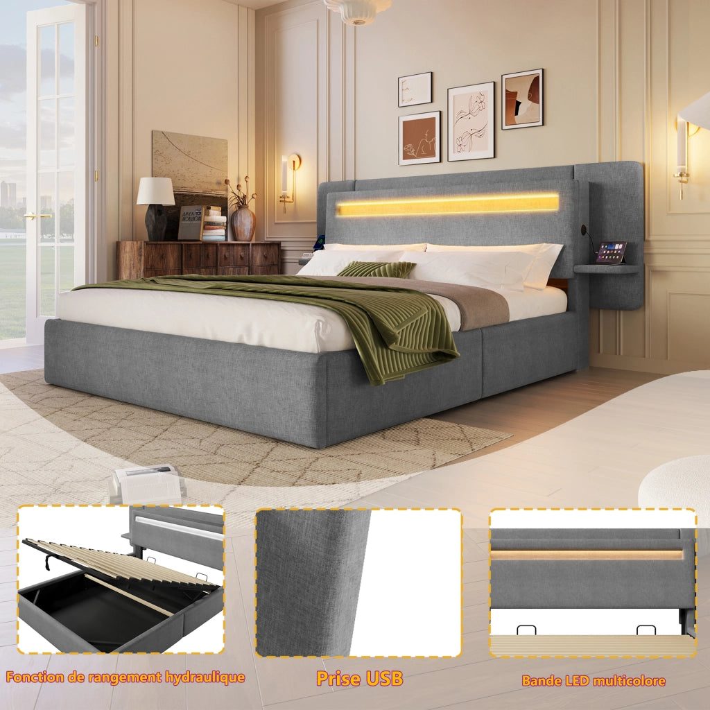 Letto imbottito 180 × 200 cm con contenitore idraulico in lino grigio LED multicolore comodino e USB