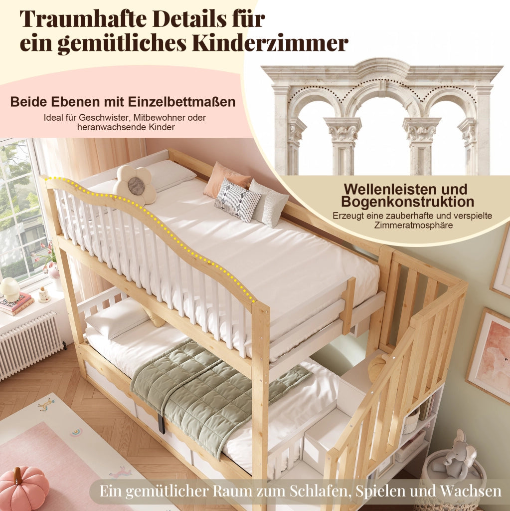 Letto a castello 90x200 cm con contenitore idraulico; scala con vani; pino e MDF; bianco e rovere
