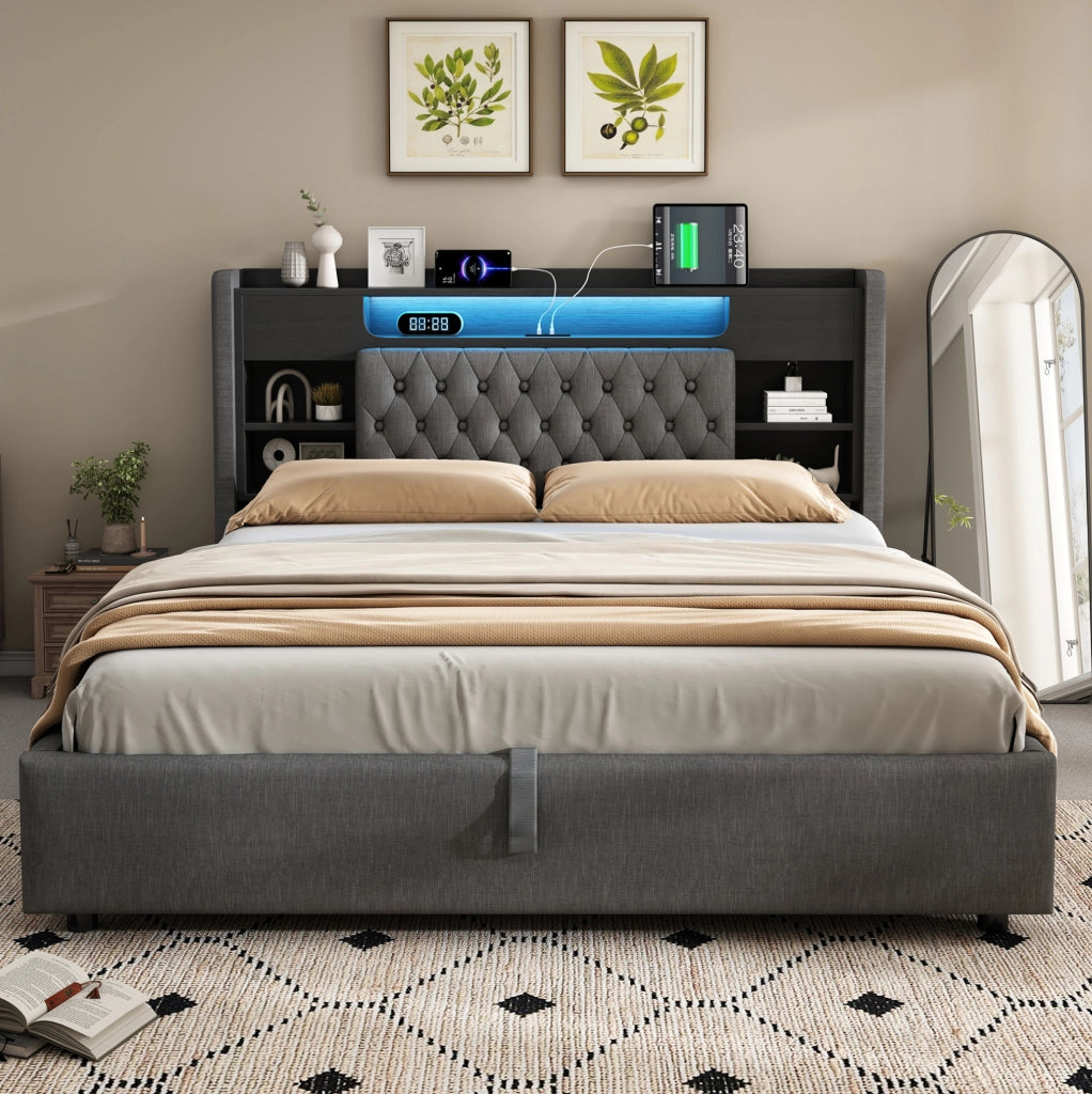 Letto matrimoniale contenitore 140x200 cm in lino grigio con LED; prese USB e USB-C HOMVRA