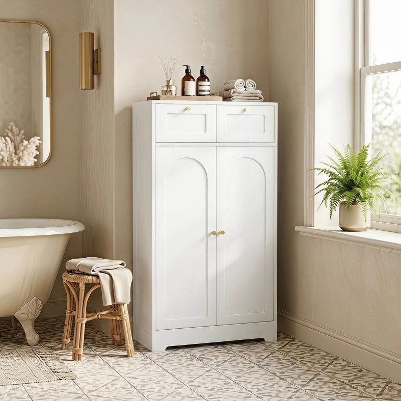 Mobile da bagno bianco con 2 cassetti e ripiano regolabile, 60x30x108 cm