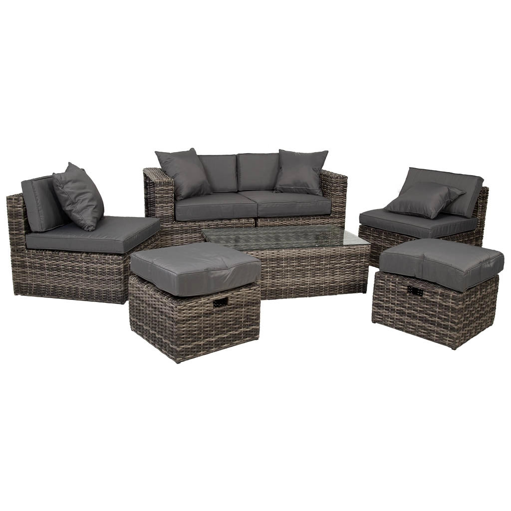 Set tavolo grigio, divano, 2 poltrone e 2 poggiapiedi