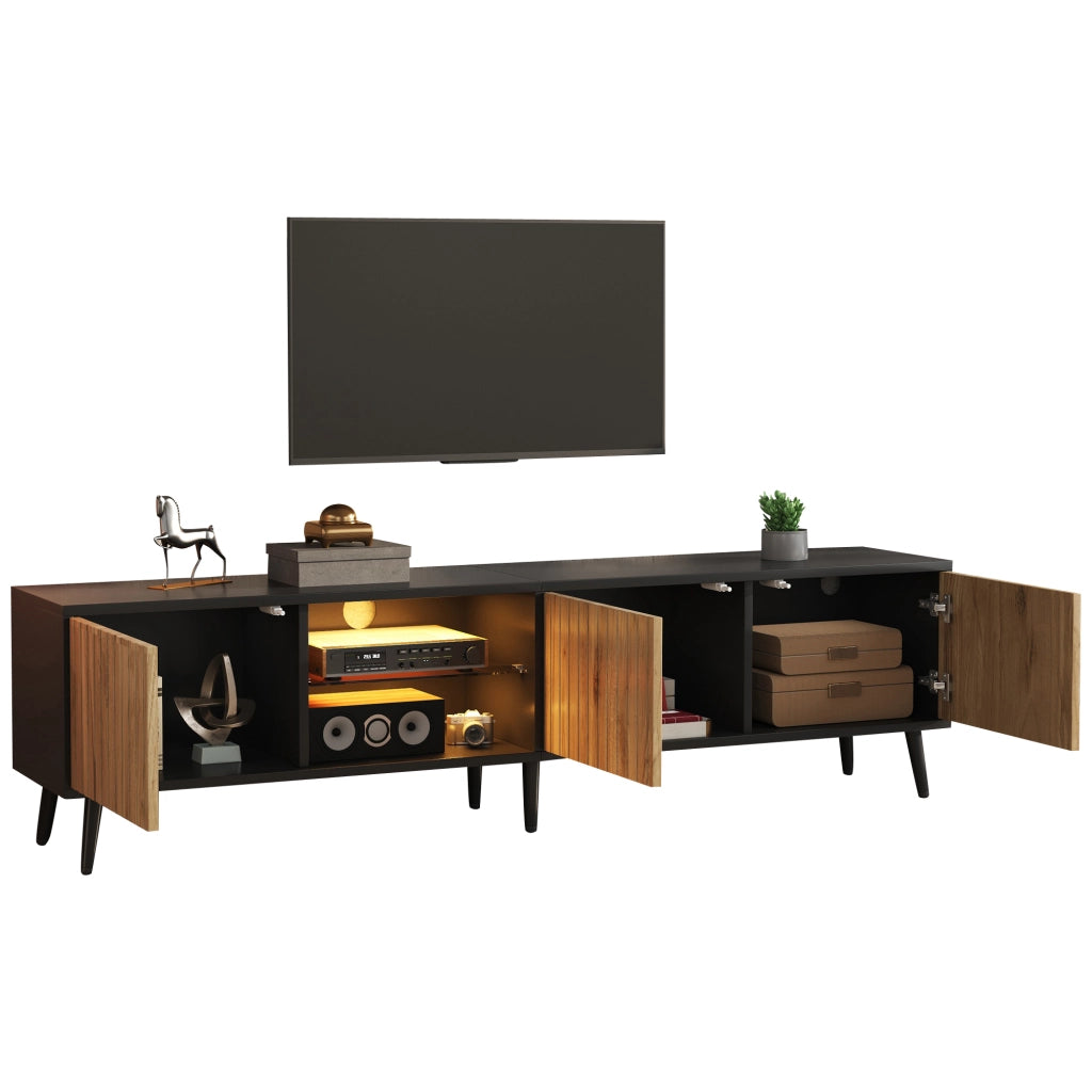 Mobile TV LED con 3 ante e ripiani in vetro regolabili per soggiorno, legno naturale e nero, 175 × 31 × 43.5 cm