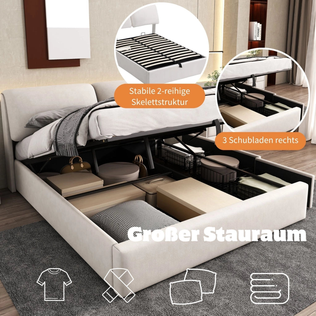 Letto matrimoniale contenitore 140 × 200 cm con tre cassetti in velluto beige e testiera regolabile