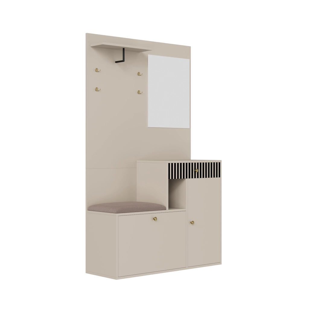 Mobile da ingresso con specchio, seduta imbottita, ripiani regolabili, ganci e cassetti in MDF, 110 × 37 × 185,5 cm