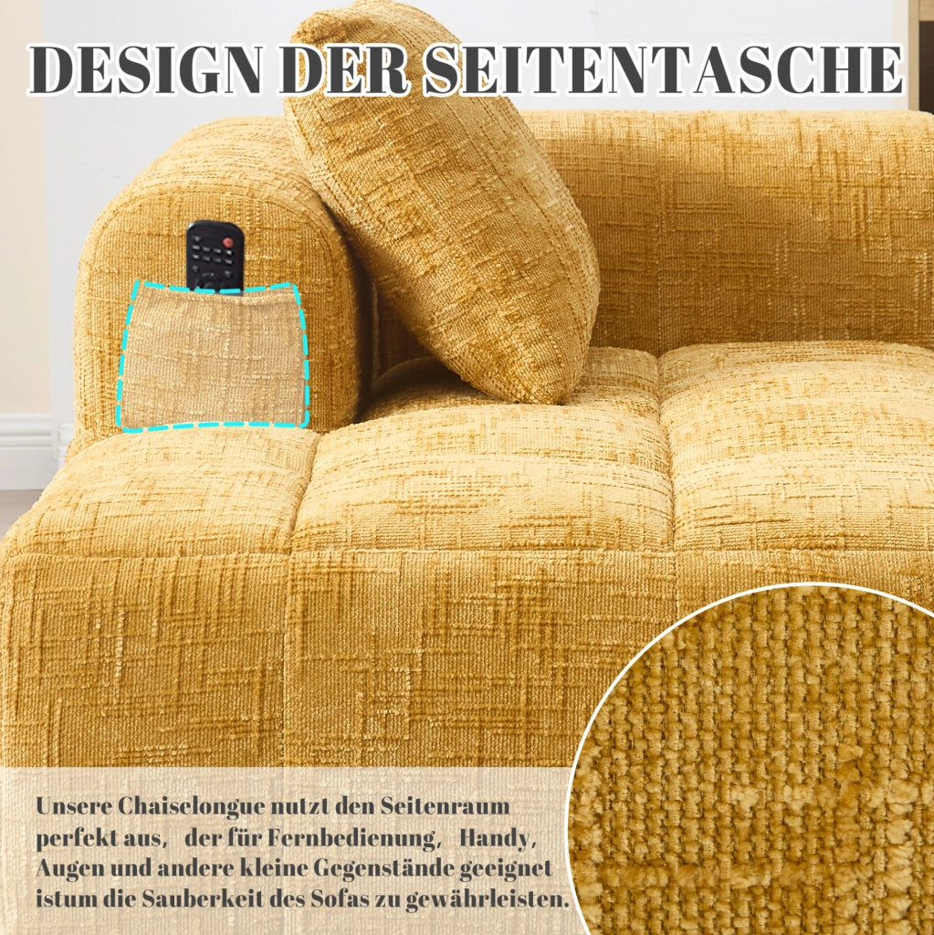 Divano chaise longue in ciniglia giallo con tasche laterali e cuscino