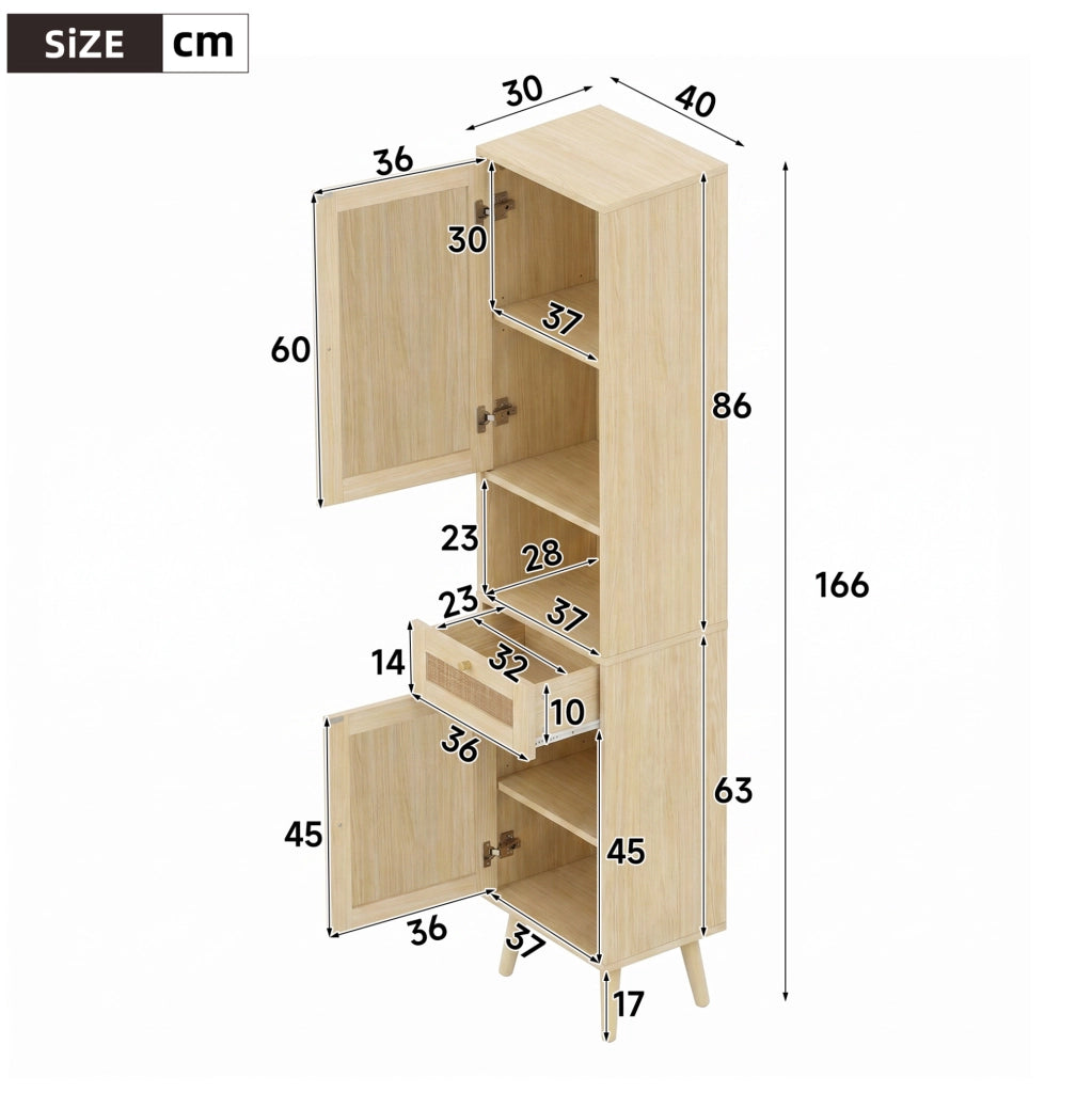 Mobile bagno alto 166 cm con ante in rattan reversibili, cassetto, chiusura magnetica e cerniere soft-close, 40x30x166 cm, colore legno naturale