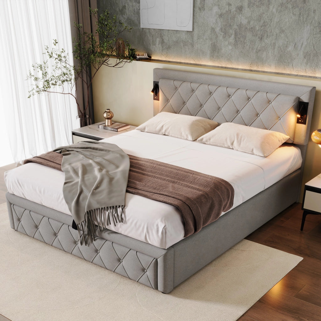 Letto matrimoniale contenitore imbottito in lino grigio con testiera a rombi luci e porte USB