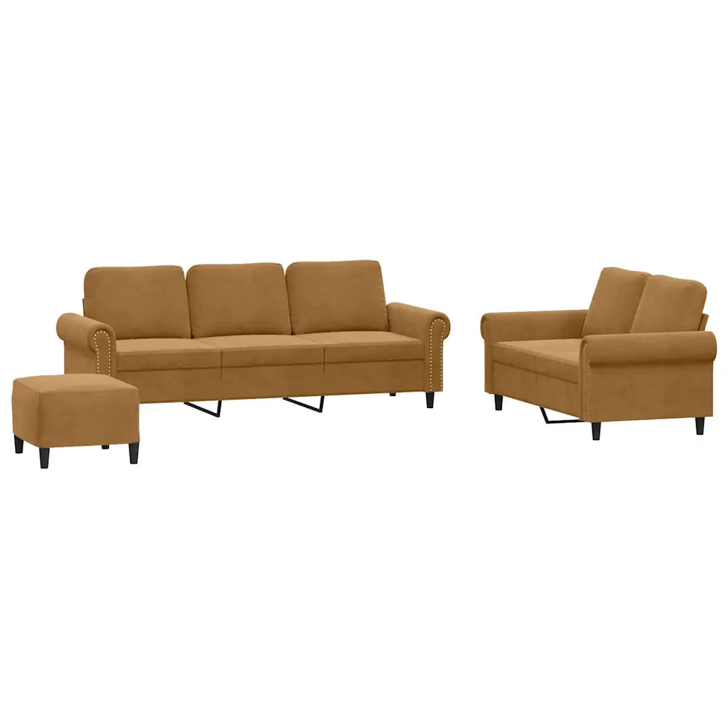 Set di Divani 3 pz con Cuscini Marrone in Velluto