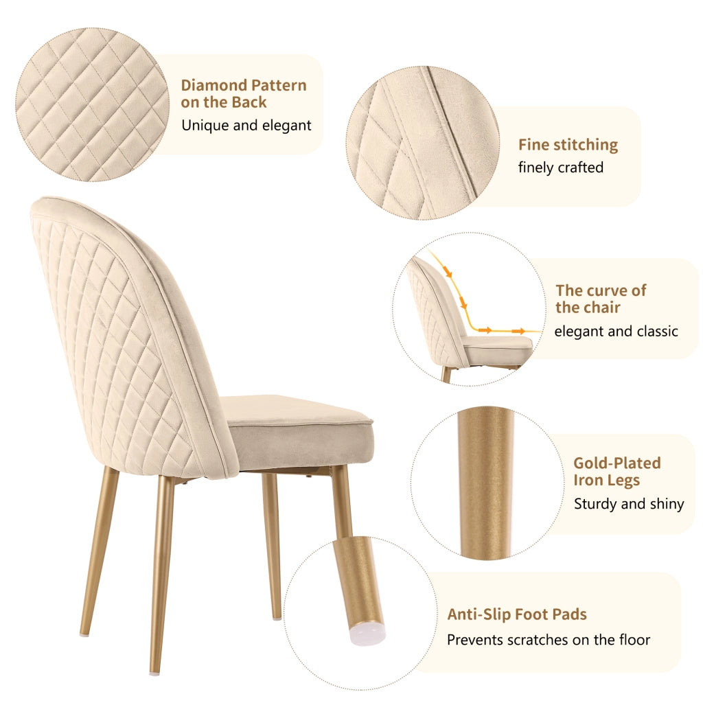Set di 4 sedie da pranzo in velluto beige con seduta imbottita e piedi in metallo dorato per sala da pranzo